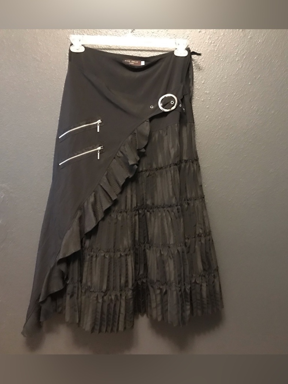 Black Asymmetric Ruffled Maxi Skirt with Zip Accents